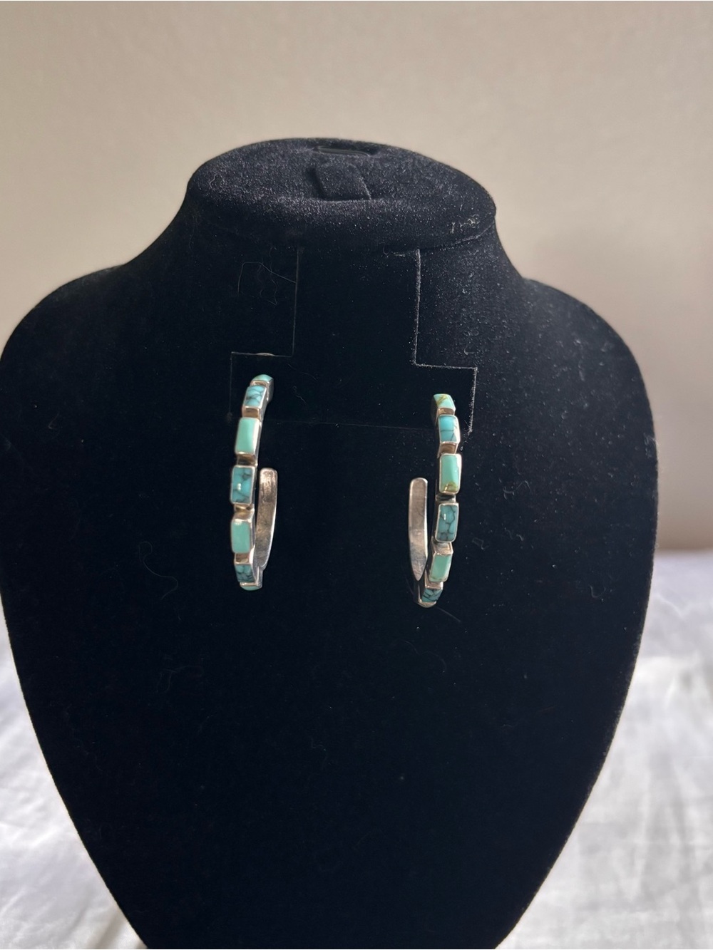 925 Sterling Silver Turquoise Hoop Earrings Signed 925 Boho American Indigenous